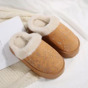 Women's Winter Slip-On Slippers With Thick Rubber Sole, Faux Suede Upper, Glitter Rhinestone Decor, Cozy Indoor Outdoor House Shoes_vogvips.com