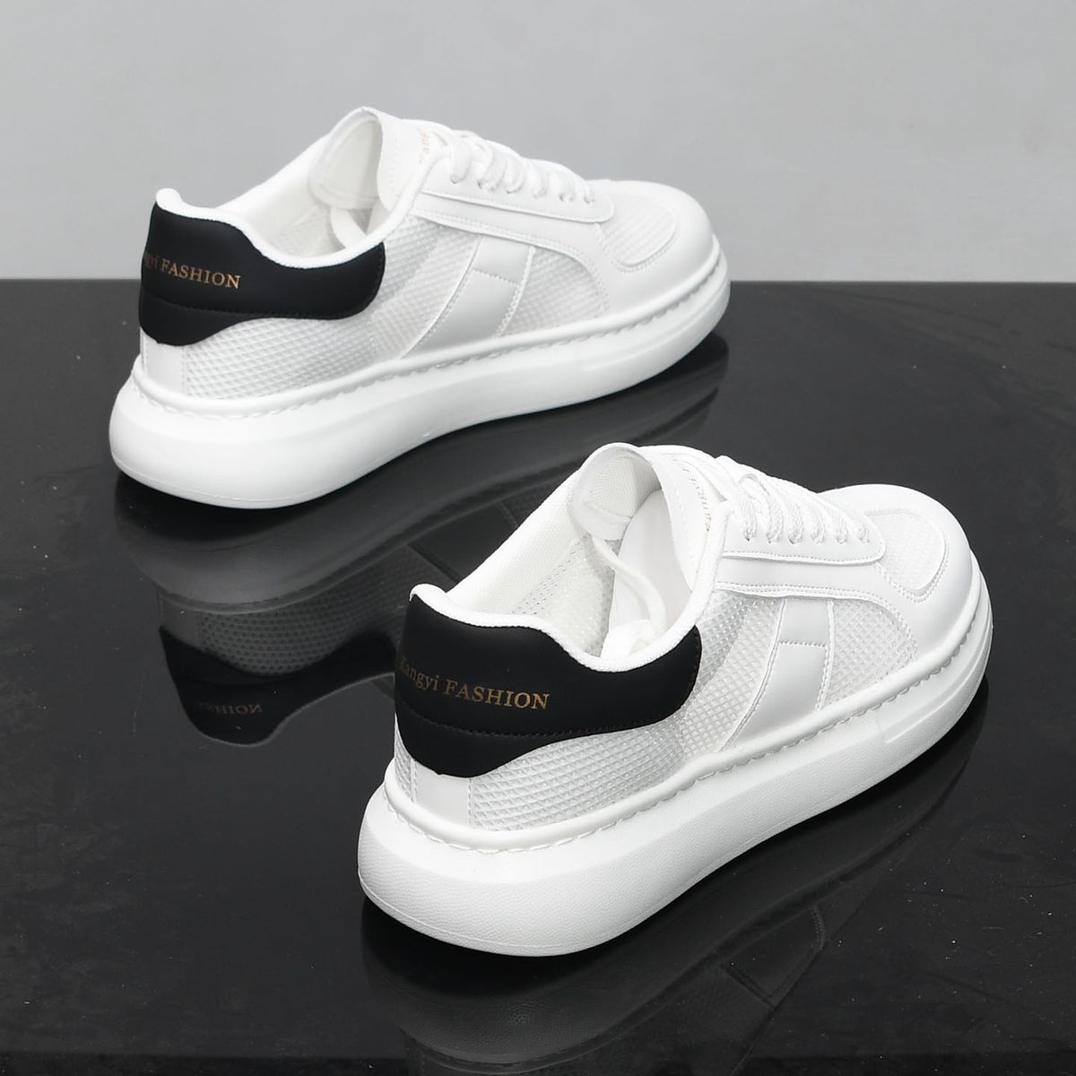 Men's Summer Breathable Mesh Casual Shoes White Corkscrew Sneakers Thick Soled Sports Trendy Lace-Up Rubberized Fabric_vogvips.com