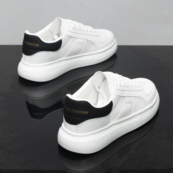 Men's Summer Breathable Mesh Casual Shoes White Corkscrew Sneakers Thick Soled Sports Trendy Lace-Up Rubberized Fabric_vogvips.com