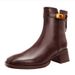 Chunky Heel Short Boots For Women Spring And Autumn Single Boots 2025 New Mid-Calf Leather Boots Brown French Square Toe Slimming_vogvips.com