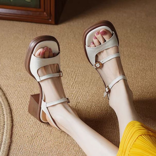 Summer Thick-soled Roman Strap Sandals, Soft Leather Open-toe W's Shoes, French-style Chunky High Heels For Petite_vogvips.com