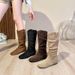 2025 Autumn New Women's Long Round Toe Pleated Slouch With Hidden Wedge Soft Sole Suede Over-the-Knee High Boots_vogvips.com