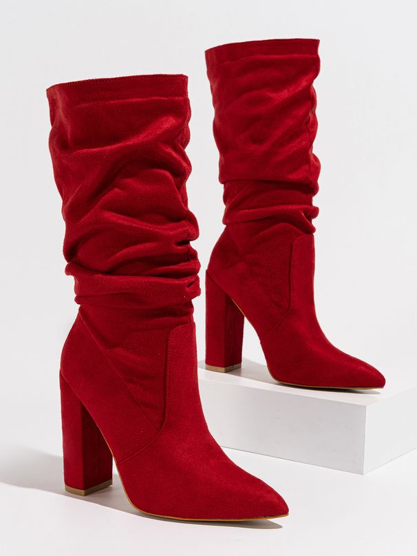 Women's Chunky Heel Suede Stretch Fashion Boots - Roman Style Pointed Toe, Winter & Autumn Mid-Calf Boots For Ladies (Sizes 35-42, Black/Red/Beige)_vogvips.com