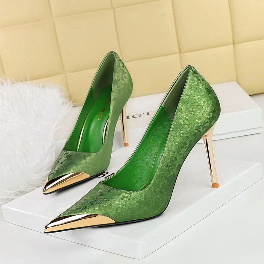 Women's Shoes High Heels Silk Thin Heel Light Mouth Metal Pointed Head Satin High Heel Single Shoes Women_vogvips.com