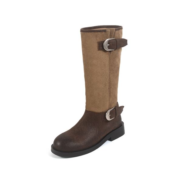 Cowhide Version Buckle Locomotive Boots Long Boots Women's Thick Heel Round Head Splicing Western Boots Pleated Stacking Boots Knight Boots_vogvips.com