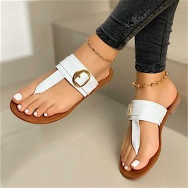 Women's Shoes Rhinestones Style Flip Flop Flat Sandals Fashionable And Comfortable Metal Buckle Decorated Large Size Slippers_vogvips.com