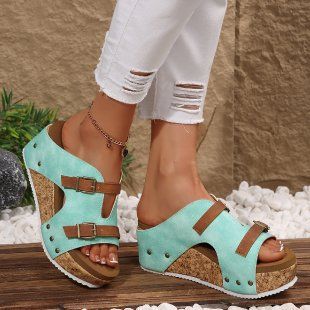 European And American Cross Border Direct Supply Foreign Trade Large Size 43wish Wedge Heel Women's Fish Mouth Thick Bottom Rivet Sandals Women_vogvips.com