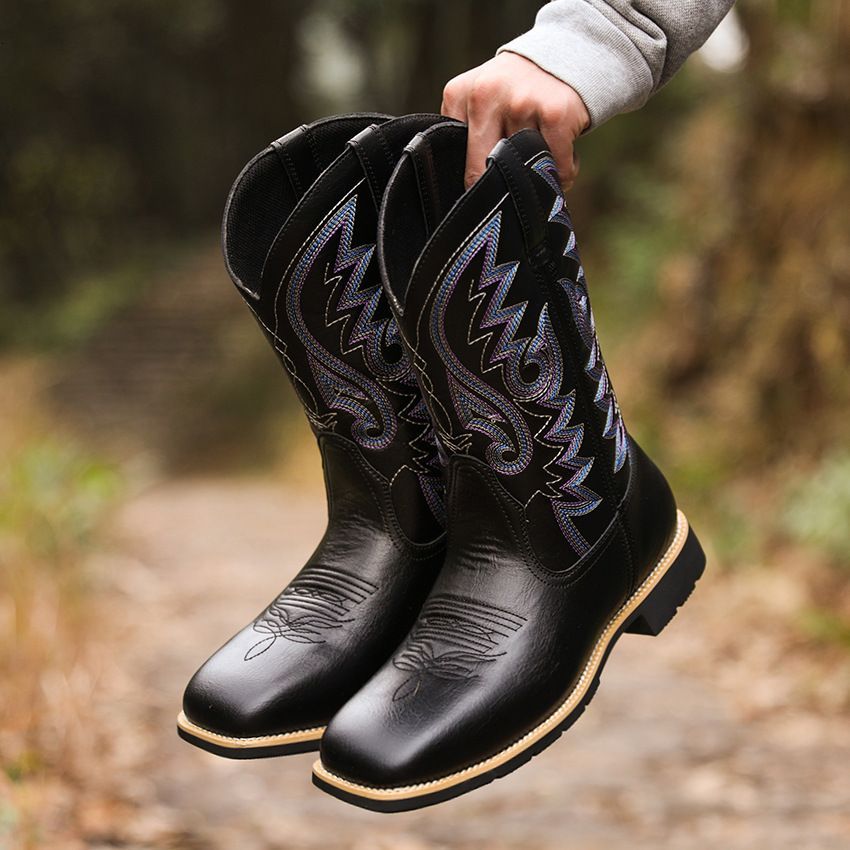 Men Vintage Embroidery Western Cowboy Square Toe On Mid Calf Riding Retro Distressed PU Leather Non Slip Outdoor Work_vogvips.com