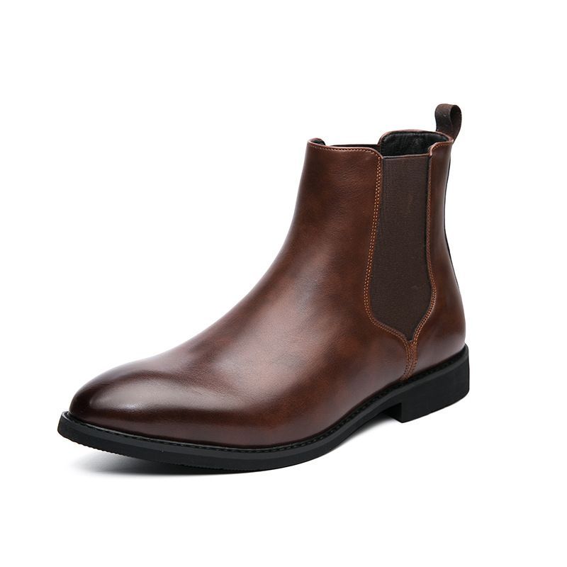 Men's Chelsea Boots Winter Faux Leather Slip-On Boots With Fleece Lining, Fashion Pointed Toe Low Heel Ankle Boots For Casual & Dress_vogvips.com