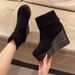 Plus Size Wedge Heel Slip On Fashion Boots,Suede Thick Sole, Winter Fleece Lined Ankle Boots, Women's Style Slim Boots._vogvips.com