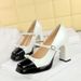 Women's Shoes Retro Style Color Block Square Toe Chunky Heel Mary Jane Shoes Women's Bow Pearl Strap Low Mouth_vogvips.com