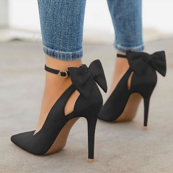 New Sweet Bow Pointed Toe Shallow Mouth Single Stiletto High Heels Wish Export 40-43 Large Size Shoes_vogvips.com