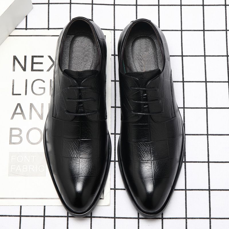 Suitable For All Seasons 2025 Spring New Business Casual Leather Men's Pointed Toe Lace-up Plaid Formal Wedding British Single Shoes_vogvips.com