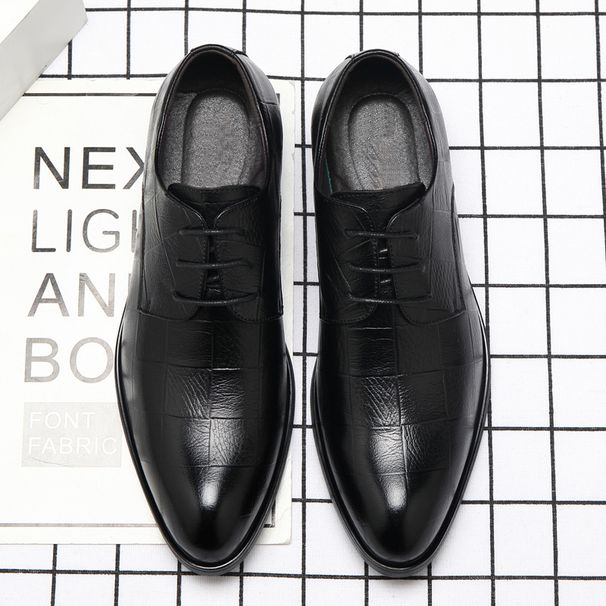 Suitable For All Seasons 2025 Spring New Business Casual Leather Men's Pointed Toe Lace-up Plaid Formal Wedding British Single Shoes_vogvips.com