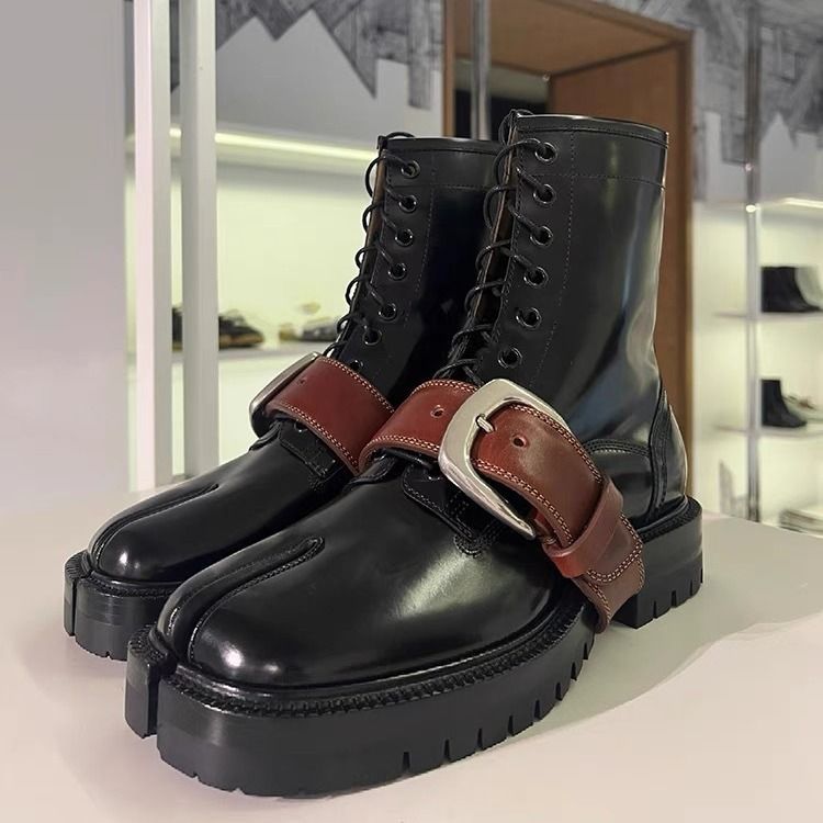 Cowhide Version~ Retro Split-toed Boots, Belt Buckle Short Boots, Thick-soled Martin Boots, British Style Pig's , Thick-soled Short Boots For Women_vogvips.com