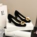 Large High-heeled With Thick Black Suede, Buckle, Shallow Cut, Chunky Square Toe, Medium Heel, Comfortable For Work,_vogvips.com