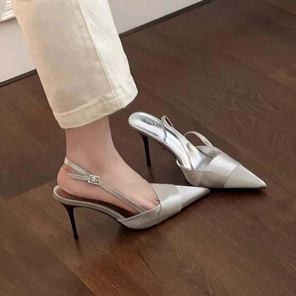 Looks Super Beautiful And Cool On The Feet, With A High-end Feel! Pointed-toe Silver Satin Sandals For Women,_vogvips.com