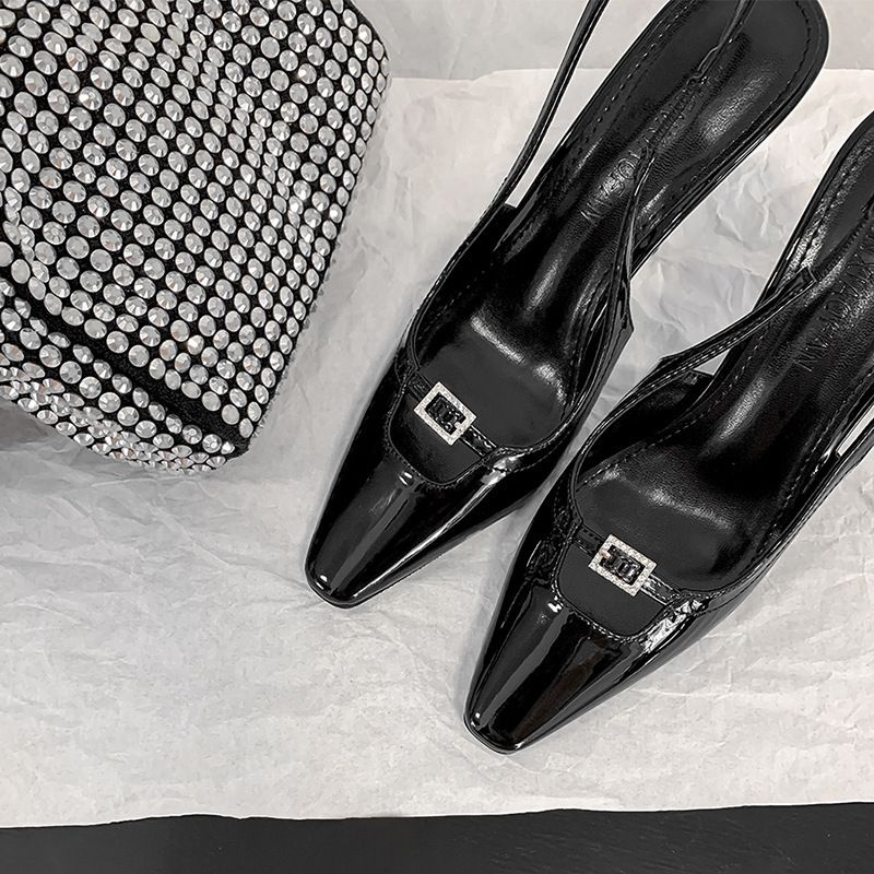 Chen Xiaofan Peep Sandals For Women 2022 New Style Thin Square Toe Hollow Sexy Black Patent Leather Cat Heel High Heels_vogvips.com
