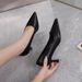 High Heel Women Four Seaon New Style Girl Thin Heel Pointed Toe Single Veratile Black Leather Profeional Work_vogvips.com