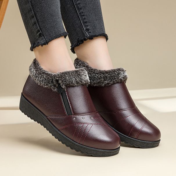 Women's Winter Warm Faux Fur Lined Slip-Resistant Waterproof Casual Shoes With Side Zipper - Round Toe Comfort For Everyday Wear (Black/Brown)"_vogvips.com