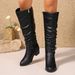 Western Cowboy Boots Knee High Leather Look Chunky Heel Buckle Detail Riding Boots Chunky Heel Platform Sole High Top Riding Boots Single Boots_vogvips.com