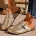 Fashion Gold Woven Buckle Clogs For Women 2026 Summer Closed Toe Cork Sole Mule Shoes Woman Non-slip Flat Heels Half_vogvips.com