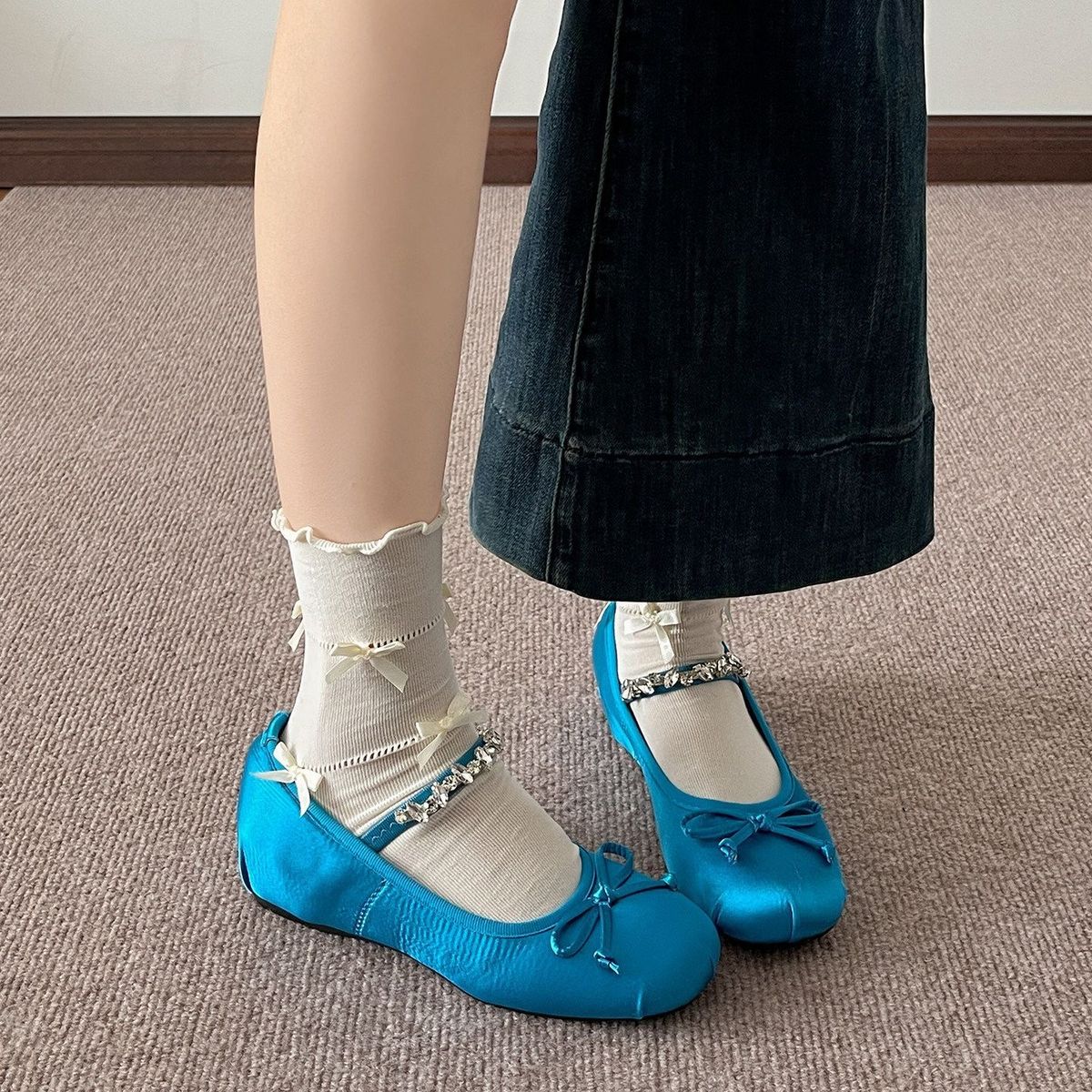 Petite Height Increasing Chunky Heel Mary Jane Spring Summer New Women's Fashion Rhinestone Chain Satin Ballet Shoes_vogvips.com