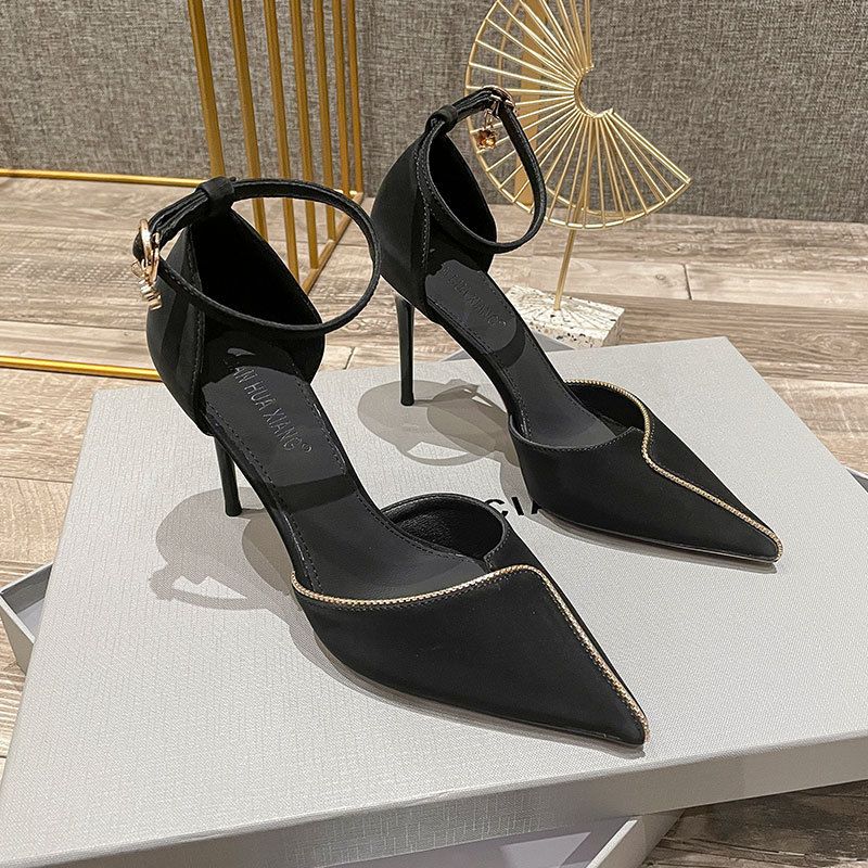 2025 Faux Leather Stiletto Heel Korean Style Rubber One-size Black Buckle French Pointed Toe European And American_vogvips.com