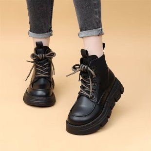 Soft Leather Thick-Soled Martin For Women 2023 Autumn British Style Height-Increasing Ankle Black Short Boots Non-Slip_vogvips.com