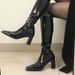 26ss Kendall Jenner Winter Mid-Calf Square Toe Chunky Heel New High Tube Knight Metallic Patent Leather Long Boots_vogvips.com