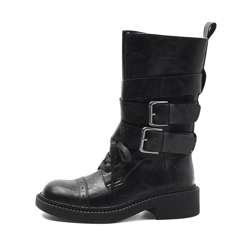2025 New Coarse Heeled Motorcycle Boots With Buckle And Martin Boots Trendy Mid Heeled Boots Children's Genuine Leather Women's Boots Fashion_vogvips.com