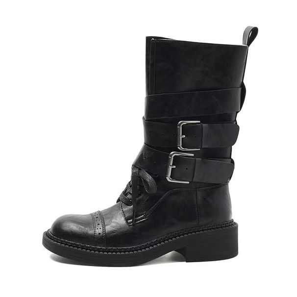 2025 New Coarse Heeled Motorcycle Boots With Buckle And Martin Boots Trendy Mid Heeled Boots Children's Genuine Leather Women's Boots Fashion_vogvips.com