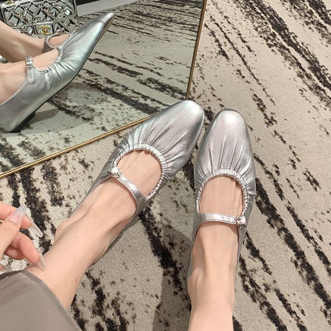 Cowhide Version~ Genuine Leather Wrinkled Flat Retro Granny Soft Sole Silver Mary Jane Women's Single Ballet Shoes_vogvips.com