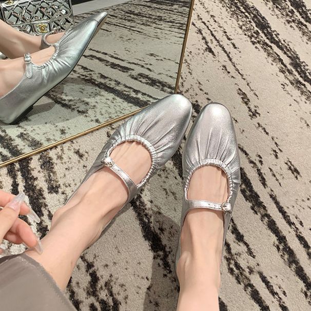 Cowhide Version~ Genuine Leather Wrinkled Flat Retro Granny Soft Sole Silver Mary Jane Women's Single Ballet Shoes_vogvips.com