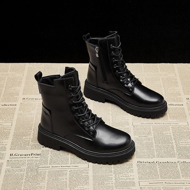 Women's Chunky Sole Martin Boots - Stylish Ankle Boots With Side Zipper, Waterproof Platform, Versatile Black Leather Boots For Fall & Winter_vogvips.com