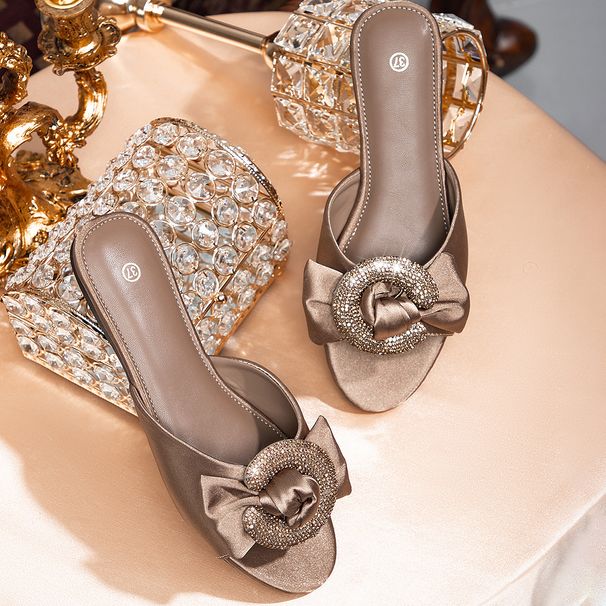 Women’s Flat Slippers With Bow & Rhinestones – Plus Size Comfort, Casual Vacation Style, Soft & Stylish Chinese Translation_vogvips.com