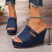 Women's plus Size Wedge Sandals Summer Peep Toe Thick Sole Denim New Style Size 43_vogvips.com