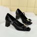 5298-K91 Wind Women's Shoes Versatile Middle Thick Heel Light Mouth Color Blocked Metal Buckle Bow Strap Single Shoe_vogvips.com