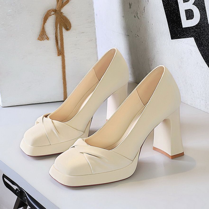 Bow High Heels, Super High Heels, Thick Heels Women's Shoes, Square Head Elegant Shallow Mouth Single Shoes Women_vogvips.com