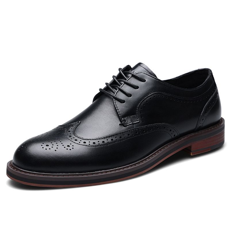 Euro Step Straight British Style Business Formal Derby Genuine Leather Men's Brogue Carved Casual Handmade Shoes_vogvips.com