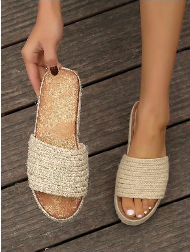 Women's Chunky Platform Sandals With Jute Rope Design - Round Toe Roman Style Summer Beach Slides - Comfortable Rubber Sole In Beige, Khaki, Camel_vogvips.com