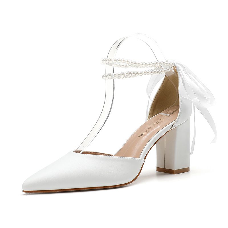 Wedding Pointed Women's Thick Heel Pearl Ribbon Large Size White Women's Shoes_vogvips.com