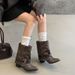 Korean-Style Versatile Western Short For Women, Stacked With Chunky Heel Design, Pleated Pointed Toe Riding Boots,_vogvips.com