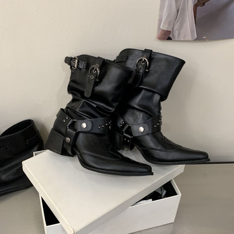 Chunky Heel French Retro Pointed Toe Western Cowboy Ankle Boots For Women, New Model 2026_vogvips.com