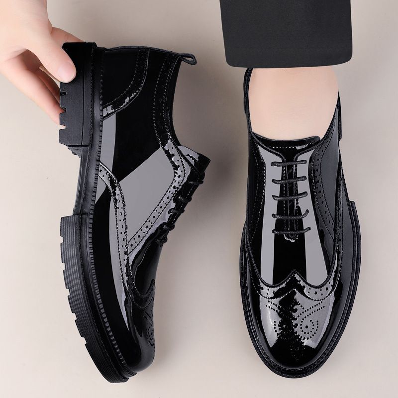 Euro Step Brogue Patent For Men Height Increasing Thick Sole Genuine Leather Breathable Business Formal Korean Style Trendy Casual_vogvips.com