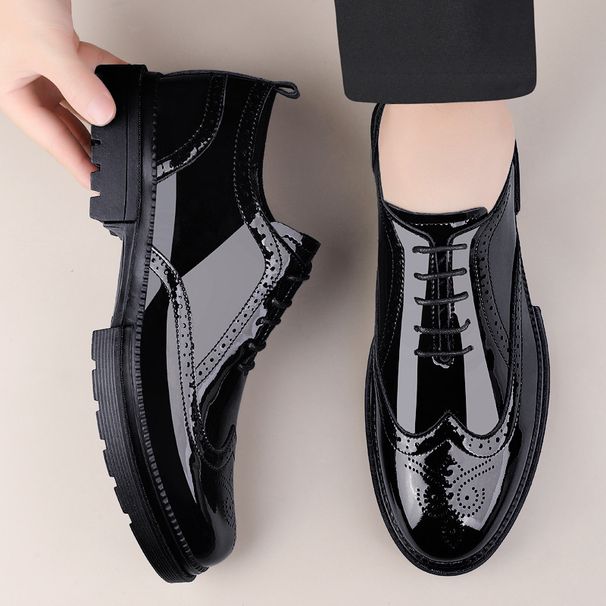 Euro Step Brogue Patent For Men Height Increasing Thick Sole Genuine Leather Breathable Business Formal Korean Style Trendy Casual_vogvips.com
