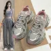 Women's Silver Pink Chunky Sneakers Metallic Mesh Platform Dad Height Increasing Wear Resistant Versatile Lightweight_vogvips.com
