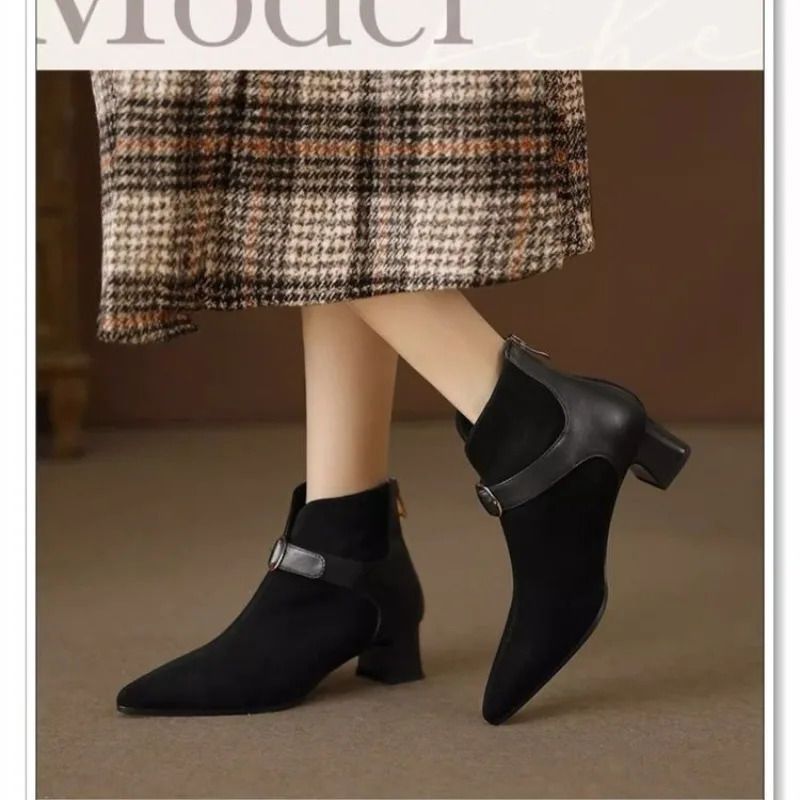 Booties Women Fall Winter Spliced Scrub Soft Sole Comfort Pointed Toe Kitten Block Heel Fashion Boots 251105_vogvips.com