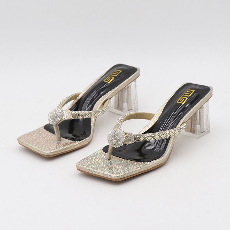 Women's Shoes Summer New Fashion Square Toe Round Rhinestone High Heel Sandals With Transparent Heel Chunky Heel Plus Size Slippers_vogvips.com