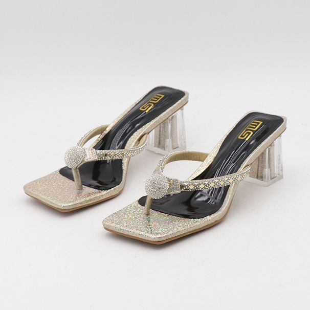 Women's Shoes Summer New Fashion Square Toe Round Rhinestone High Heel Sandals With Transparent Heel Chunky Heel Plus Size Slippers_vogvips.com